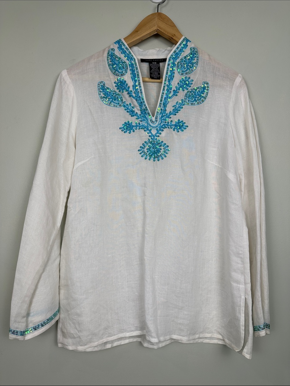114.  Anne Carson linen rayon sequin tunic top